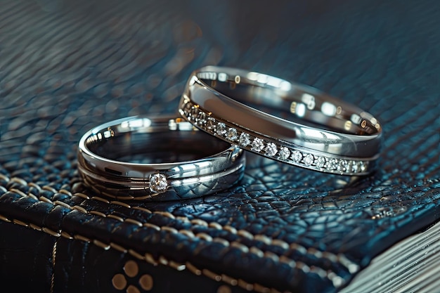 Soft wedding ring bands with diamonds displayed on a black leather Holy Bible