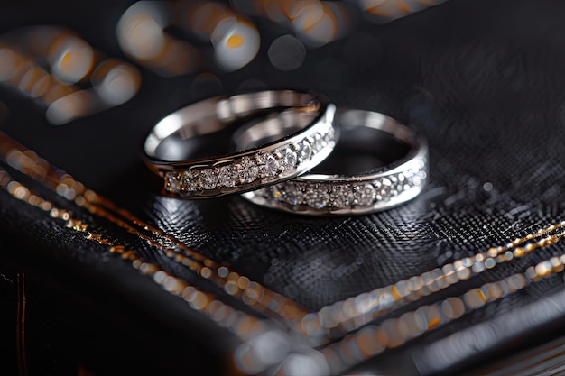 Soft wedding ring bands with diamonds displayed on a black leather Holy Bible