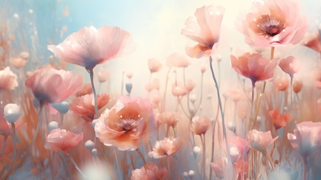 Soft whimsical ethereal flowers background Generative AI