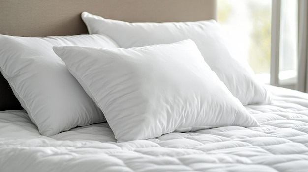 Soft White Pillows on Comfortable Bed Closeup