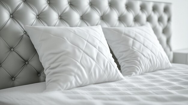 Soft White Quilted Cushion on Bed with White Leather Headboard