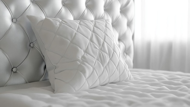 Soft White Quilted Cushion on Bed with White Leather Headboard