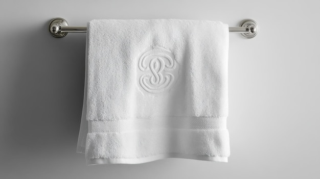 Soft white towel hanging on a chrome rack in a bright bathroom setting