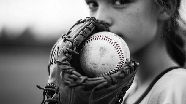 Photo softball girl little league closeup shot with a girl softball bat and glove