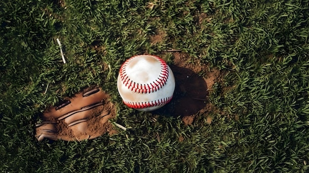 A softball placed on the neatly trimmed infield grass