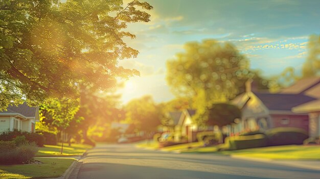 Photo softened suburban houses and trees under a bright sky for peaceful wallpaper