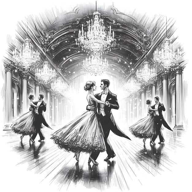 In the softly lit ballroom under the shimmering chandeliers a detailed ink sketch style of gracefu