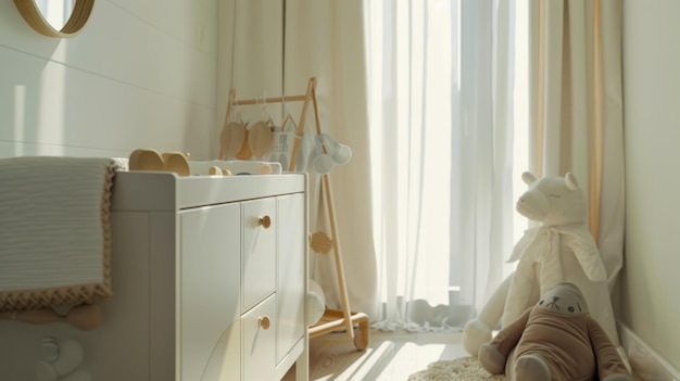 A softly lit nursery with pale colors featuring a changing table stuffed toys and a rocking horse exuding warmth and comfort