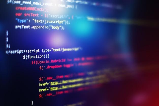 Software developer programming code. Abstract computer script code. Selective focus