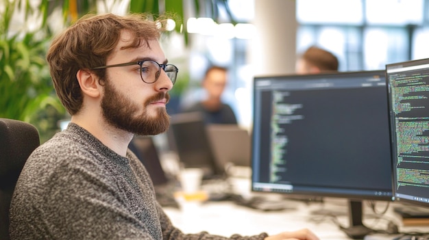 Photo software engineer in a collaborative workspace on dual monitors