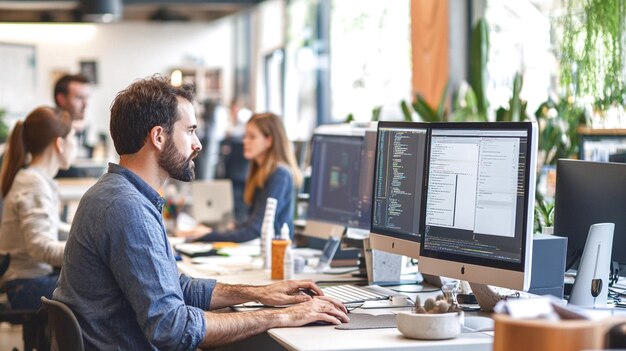 Photo software engineer in a collaborative workspace on dual monitors