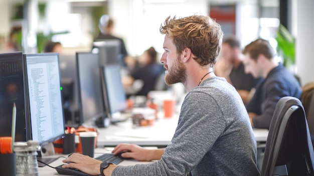 Photo software engineer in a collaborative workspace on dual monitors