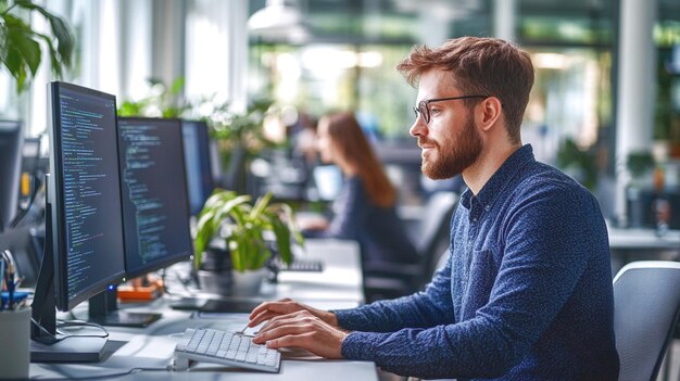 Photo software engineer in a collaborative workspace on dual monitors