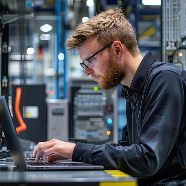 Photo a software engineer measuring device works with internet equipment and wires in server room