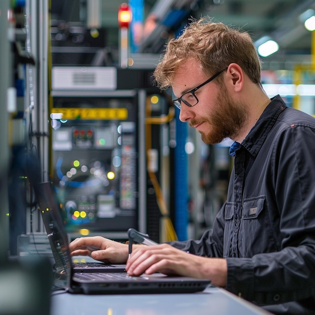 Photo a software engineer measuring device works with internet equipment and wires in server room