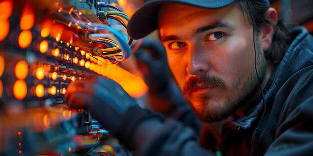 A software engineer measuring device works with internet equipment and wires in server room