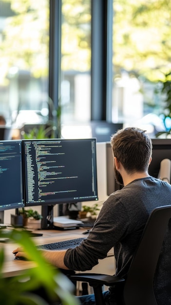 Photo software engineer working on dual monitors in a bright modern office the spacious work area supports productivity coding and software development