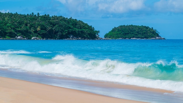 Softwave and sand on beach and blue summer sky Panoramic beach landscape Empty tropical beach and seascape Orange and golden sunset sky soft sand calmness tranquil relaxing sunlight summer mood