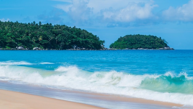 Softwave and sand on beach and blue summer sky Panoramic beach landscape Empty tropical beach and seascape Orange and golden sunset sky soft sand calmness tranquil relaxing sunlight summer mood