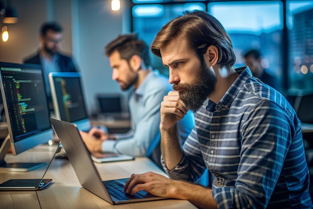 Sofware developer thinking while touching beard while typing on laptop sitting at desk with multiple screens parsing code Focused database admin working with team coding in the background