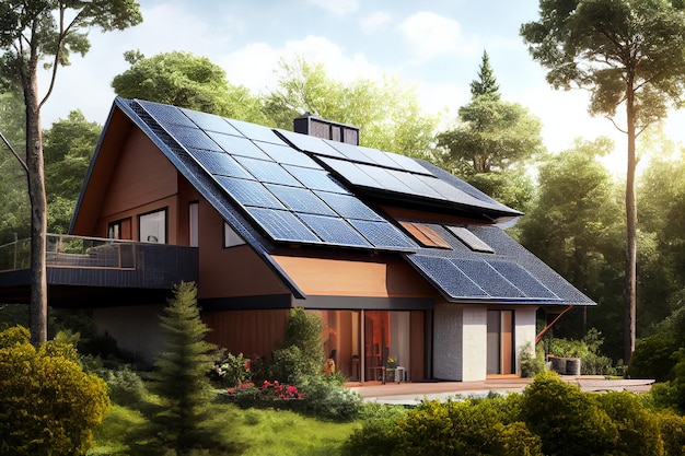 Solar battery panels on the roof of the house illustration Generative AI