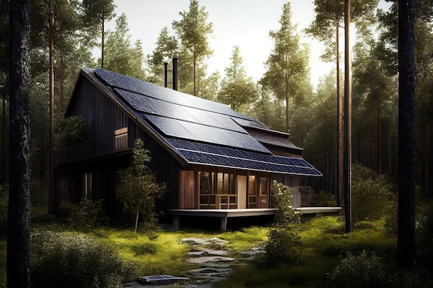 Solar battery panels on the roof of the house illustration Generative AI