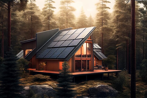 Solar battery panels on the roof of the house illustration Generative AI