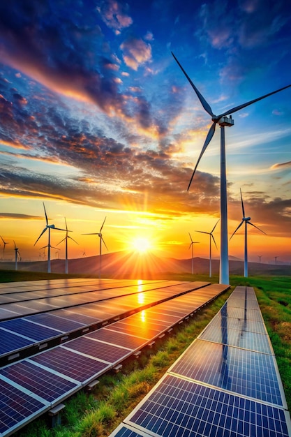 Photo solar cell plant and wind generators under blue sky on sunsetpowerplant with photovoltaic panels and eolic turbine clean energy sustainable ecoearth day