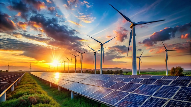 Photo solar cell plant and wind generators under blue sky on sunsetpowerplant with photovoltaic panels and eolic turbine clean energy sustainable ecoearth day