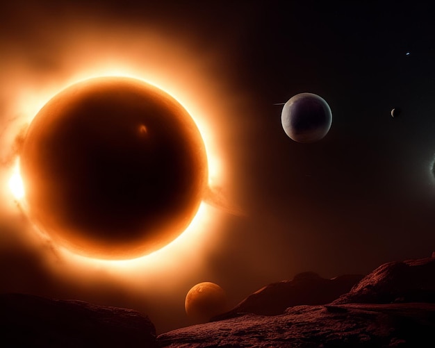 A solar eclipse with a planet and saturn on the top.