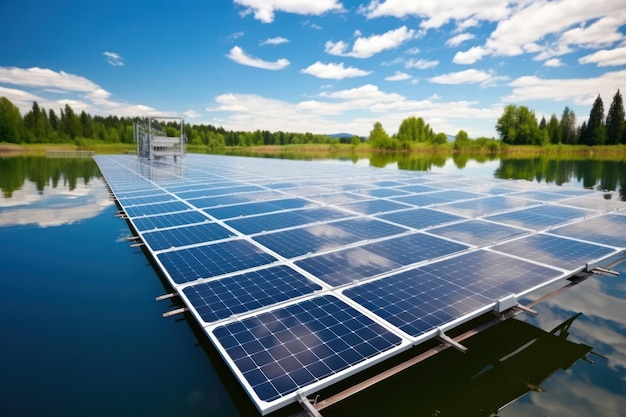 Solar Energy Innovation Floating Panels on Tranquil Lake Surface