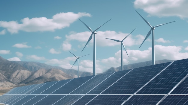 Solar energy panels photovoltaic cells and wind turbines with backdrop of nature landscape mountains