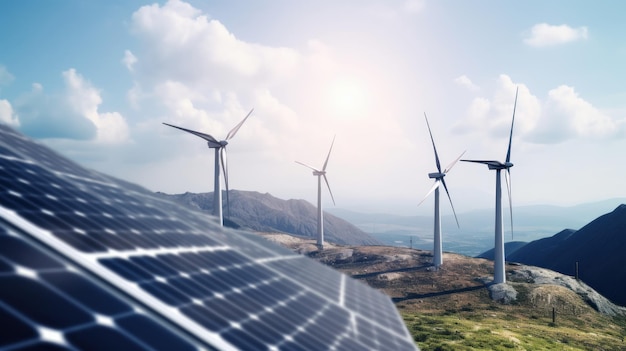 Photo solar energy panels photovoltaic cells and wind turbines with backdrop of nature landscape mountains