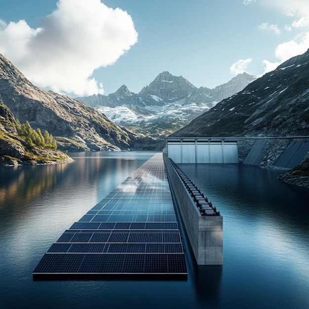 Photo solar farm in a hydroelectric dam panels aiding energy storage