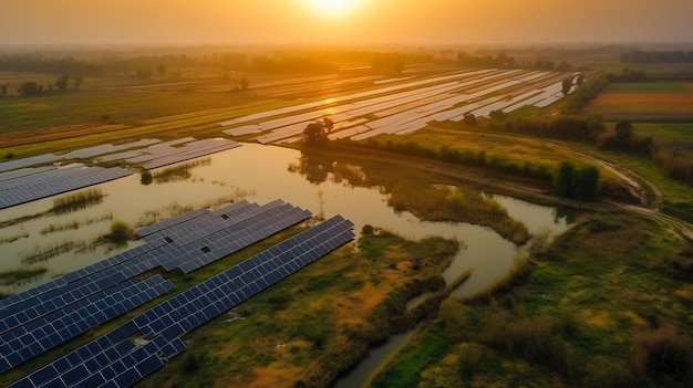 A solar farm is surrounded by a field of water and a river with a sunset in the background.