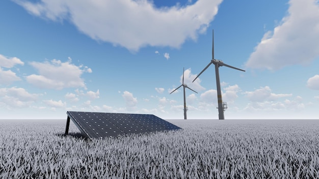 A solar farm is surrounded by a field of white wind turbines.