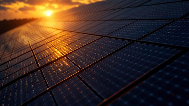 Solar farm photovoltaic panels in rows bright lighting