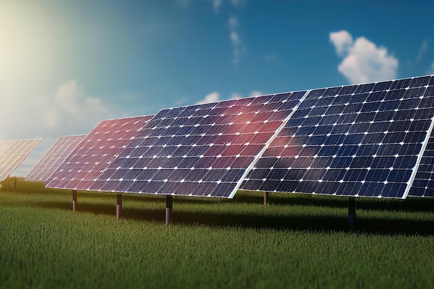 solar farm. solar panels. solar energy. 3D rendering. Raster illustration.