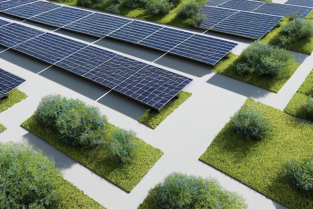 solar farm. solar panels. solar energy. 3D rendering. Raster illustration.