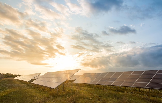 Solar farm under sunset sky