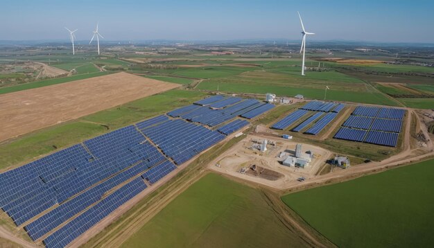 a solar farm with a field of wind turbines in the background