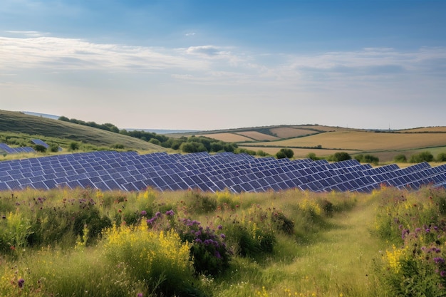 Solar farm with panels and installations spread across rolling hills created with generative ai