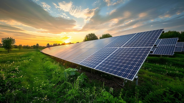 A solar farm with rows of panels absorbing sunlight in a rural setting