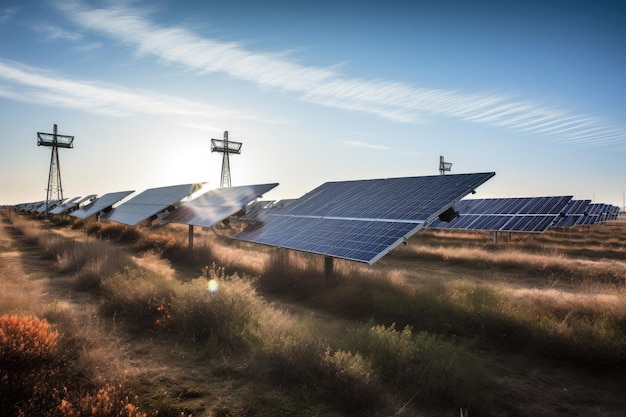 Solar farm with rows of panels and turbines in the background created with generative ai