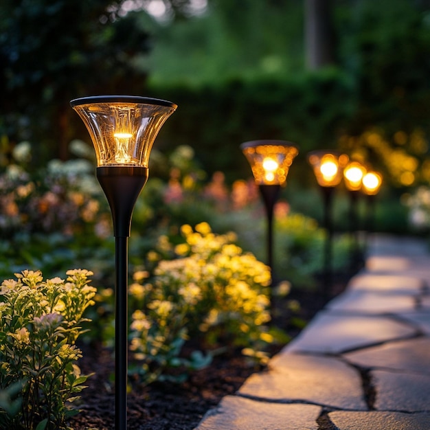 Photo solar garden lights ecofriendly solarpowered lights illuminating a garden or outdoor space2