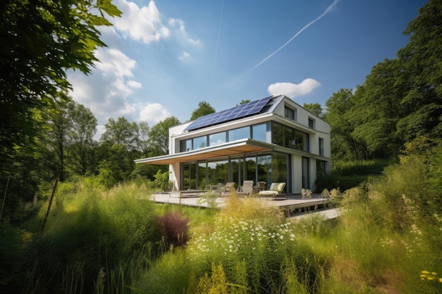 Solar house surrounded by lush green nature and clean energy generative IA