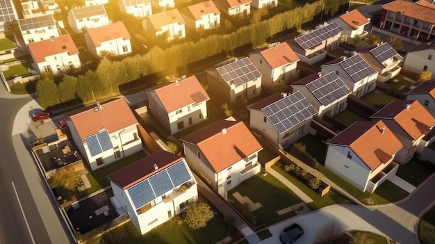 A solar panel array is shown above a residential area.