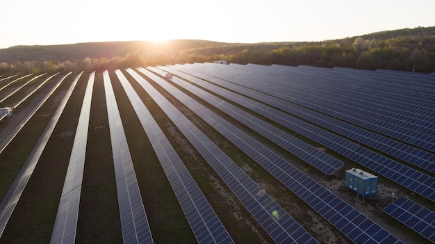 Solar panel cell on dramatic sunset sky backgroundclean Alternative power energy concept