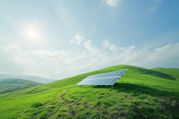 A solar panel cell on a remote green hill sustainable energy concept vibrant natural light clear ski