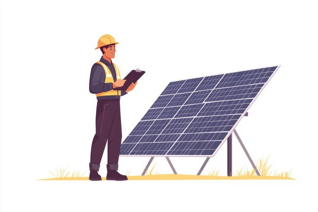 Photo a solar panel engineer confidently leaning against a solar panel holding a clipboard on a minimalist